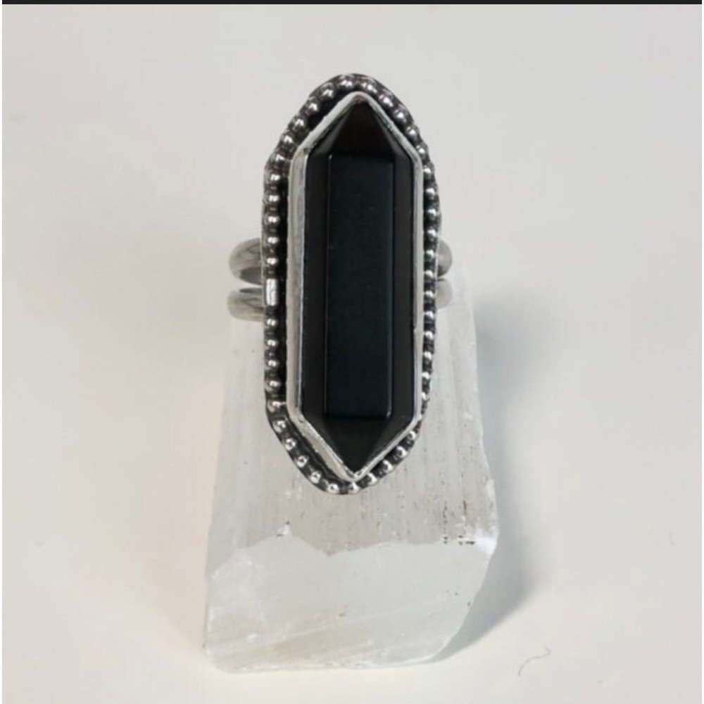 Handmade Double Terminated Black Onyx Sterling Silver Ring with Beaded Detail
